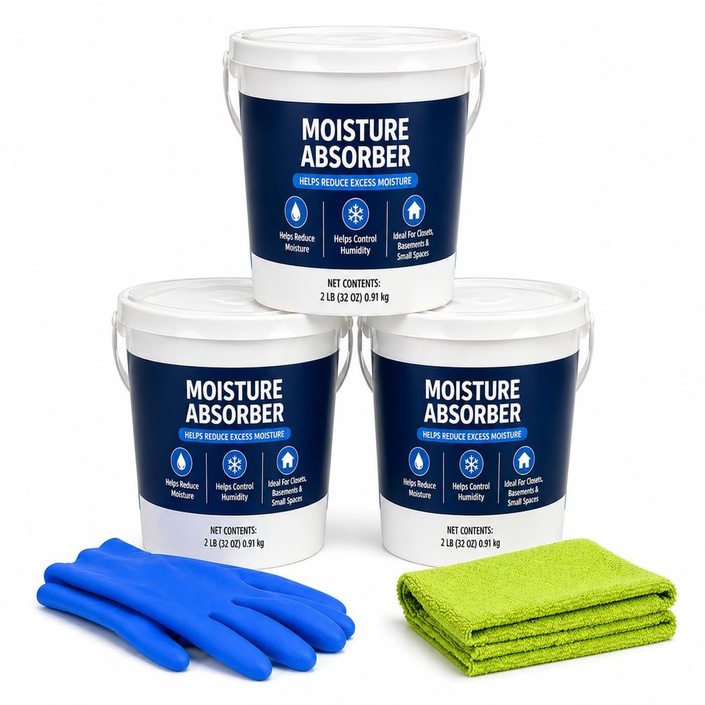 Moisture Absorber 3 Pack with Gloves & Microfiber Cloth Dehumidifier for Closet, Bathroom, Basement, Garage