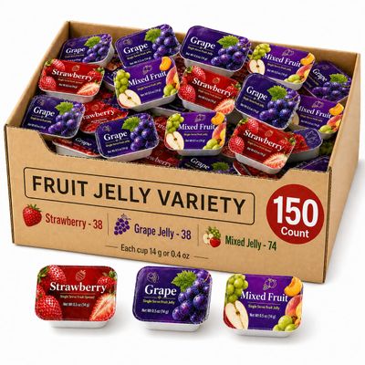 Fruit Jam individual pack| Jelly Variety Pack | Single Serve Jam Cups | Strawberry, Grape and Mixed Fruit Jelly | Individual Packets for Toast, Bagels, Breakfast, Lunchboxes, Hotels, Catering and To Go Orders (150 Count)