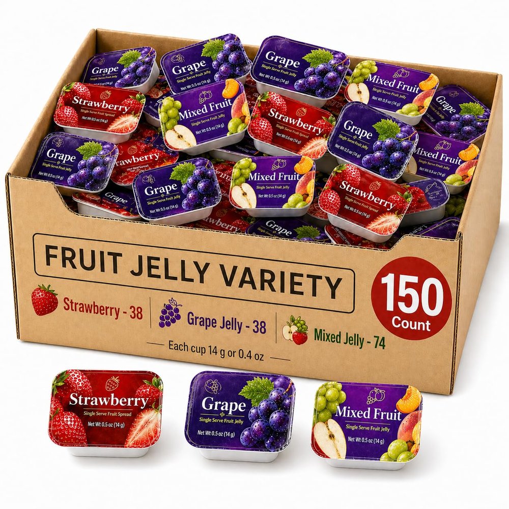 Fruit Jam individual pack| Jelly Variety Pack | Single Serve Jam Cups | Strawberry, Grape and Mixed Fruit Jelly | Individual Packets for Toast, Bagels, Breakfast, Lunchboxes, Hotels, Catering and To Go Orders (150 Count)