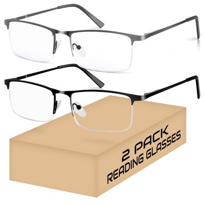2 Pack Men's Half Frame Metal Reading Glasses , Mobile/Computer Reader
