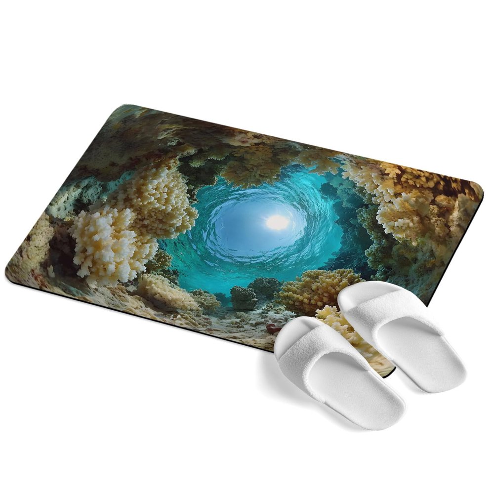 Qiaullityot Underwater Cave Bath Stone Mat, Super Absorbent Diatomite Shower Mat, Sunbeams Coral Coastal Quick Drying Non-Slip Stone Mats for Bathroom Kitchen Counter Easy to Clean 20"x32"