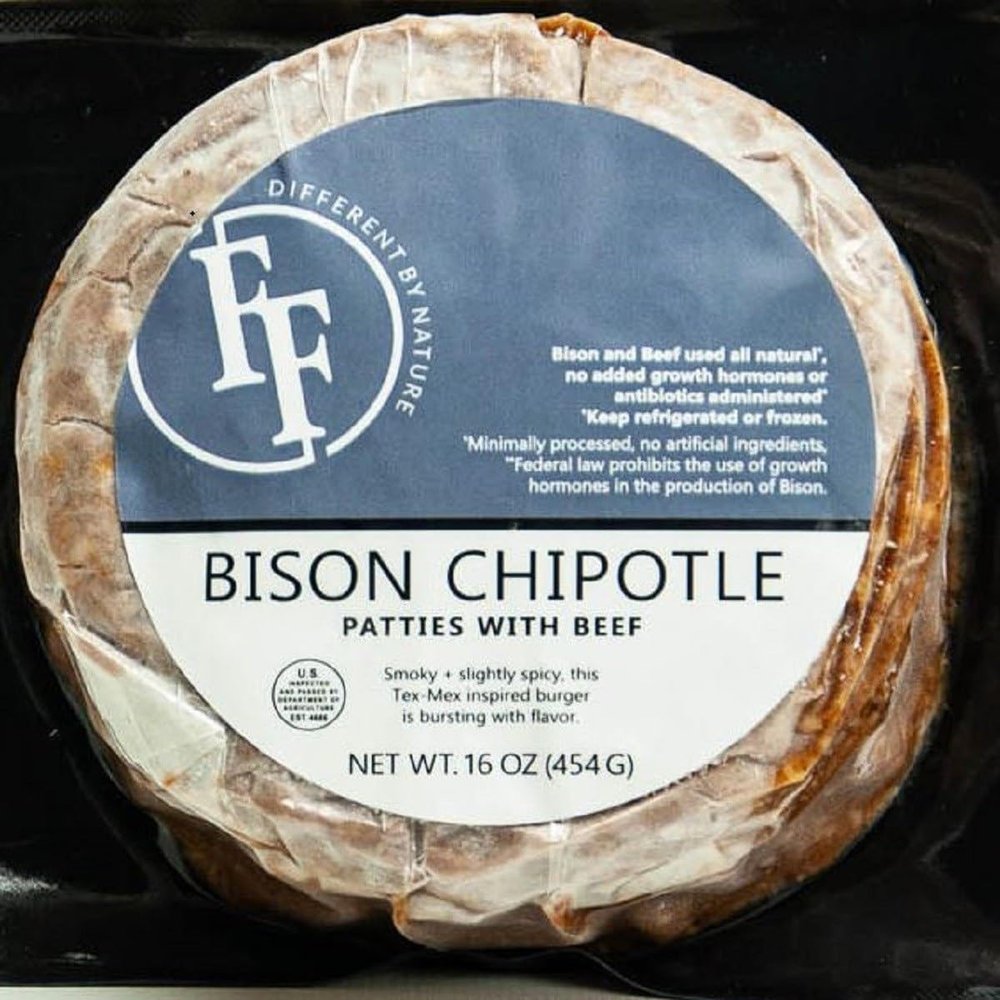 Fossil Farms Chipotle Bison Burgers, Gourmet Frozen Grilling Patties, 10 count of 1 pound each, 10 pound Case, Ideal for Aioli or Smoked Cheddar Pairings