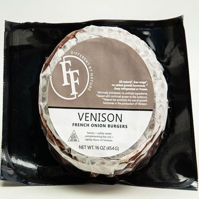 Fossil Farms Venison Burger, French Onion, Frozen, 10 count of 1 lb each, 10 lb Case, Perfect for Upscale Dining and Gourmet Sliders