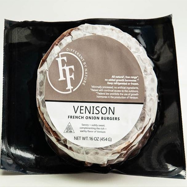 Fossil Farms Venison Burger, French Onion, Frozen, 10 count of 1 lb each, 10 lb Case, Perfect for Upscale Dining and Gourmet Sliders