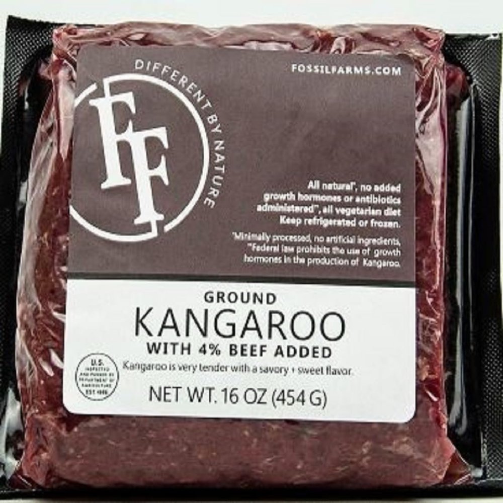 Fossil Farms Kangaroo Burgers, 3:1 Grass-Fed Beef Blend, Frozen Case of 12, 1 lb Vacuum-Sealed Patties, Ethically Sourced from Australia