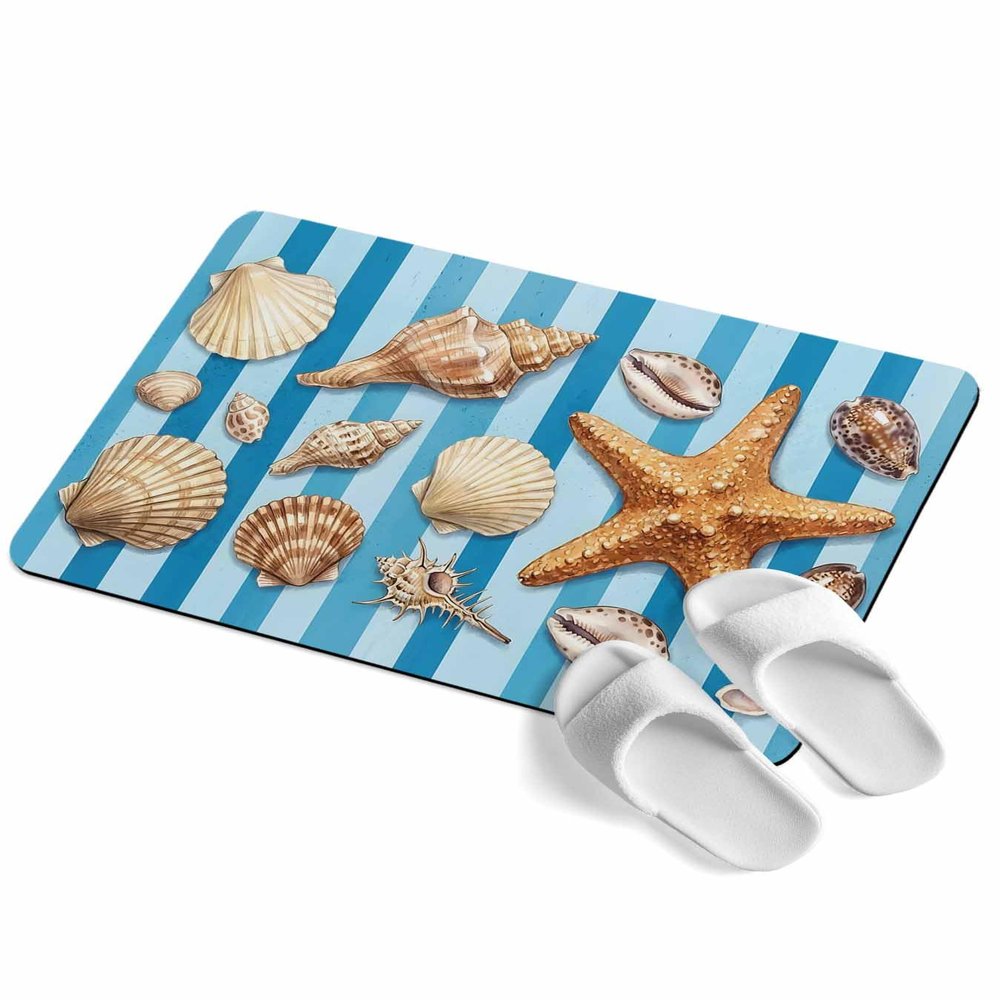 Summer Ocean Starfish Bath Stone Mat, Super Absorbent Diatomite Shower Mat, Coastal Shells Conch Blue Stripes Quick Drying Non-Slip Stone Mats for Bathroom Kitchen Counter Easy to Clean 16"x24"