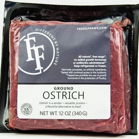 Fossil Farms Ground Ostrich, Premium Quality, Frozen, 12 count of 12 oz each, 108 oz Case, Perfect for Tacos and Burgers, High Protein and Low Fat Meat