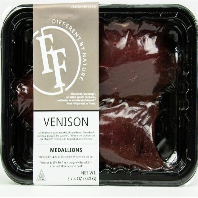 Fossil Farms Venison Medallions Frozen Tender Venison Medallions, 14 count of 12 oz each, 10.5 lb Case, Perfect for Searing or Sous Vide, Lean Protein for Gourmet Dishes