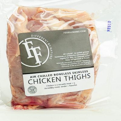 Fossil Farms, Boneless Skinless Chicken Thighs, Antibiotic-Free, Frozen, 10 count of 1 pound each, 10 pound Case, Perfect for Grilling Baking Stir-Frying