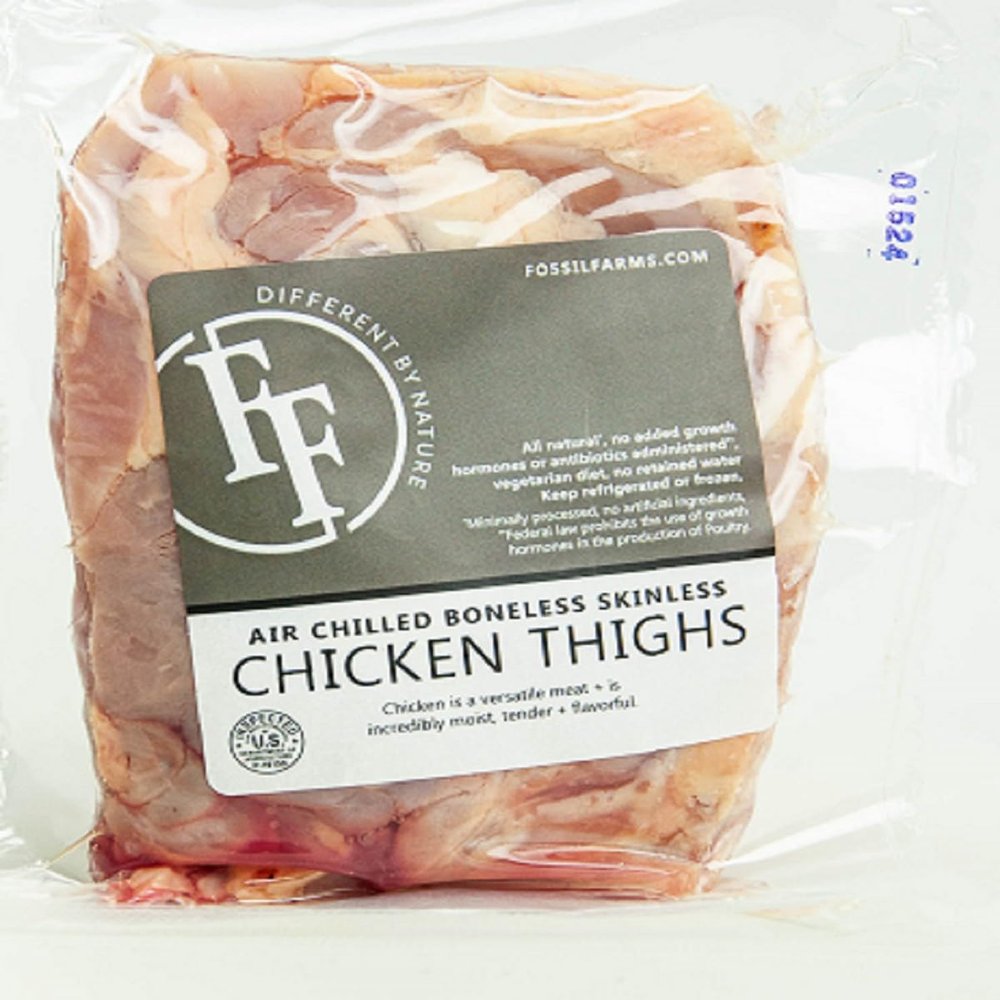 Fossil Farms, Boneless Skinless Chicken Thighs, Antibiotic-Free, Frozen, 10 count of 1 pound each, 10 pound Case, Perfect for Grilling Baking Stir-Frying