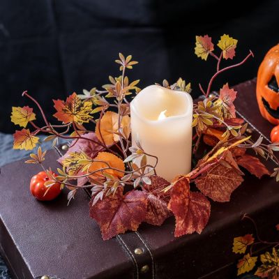 1PCS Fall Candle Rings Wreaths Decorative Rattan Garland with Maple Leaf Berries for Thanksgiving Halloween Table Decor (No)