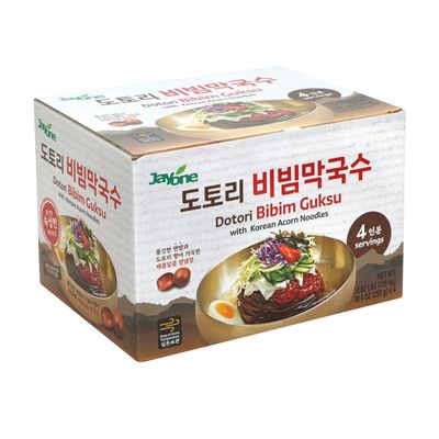 Jayone Dotori Bibim Guksu with Korean Acorn Noodles, 4X10.4 oz - Korean Cold Noodle Kit with Sweet & Spicy Sauce, Chewy Wheat Noodles, Shelf-Stable, Made in Korea