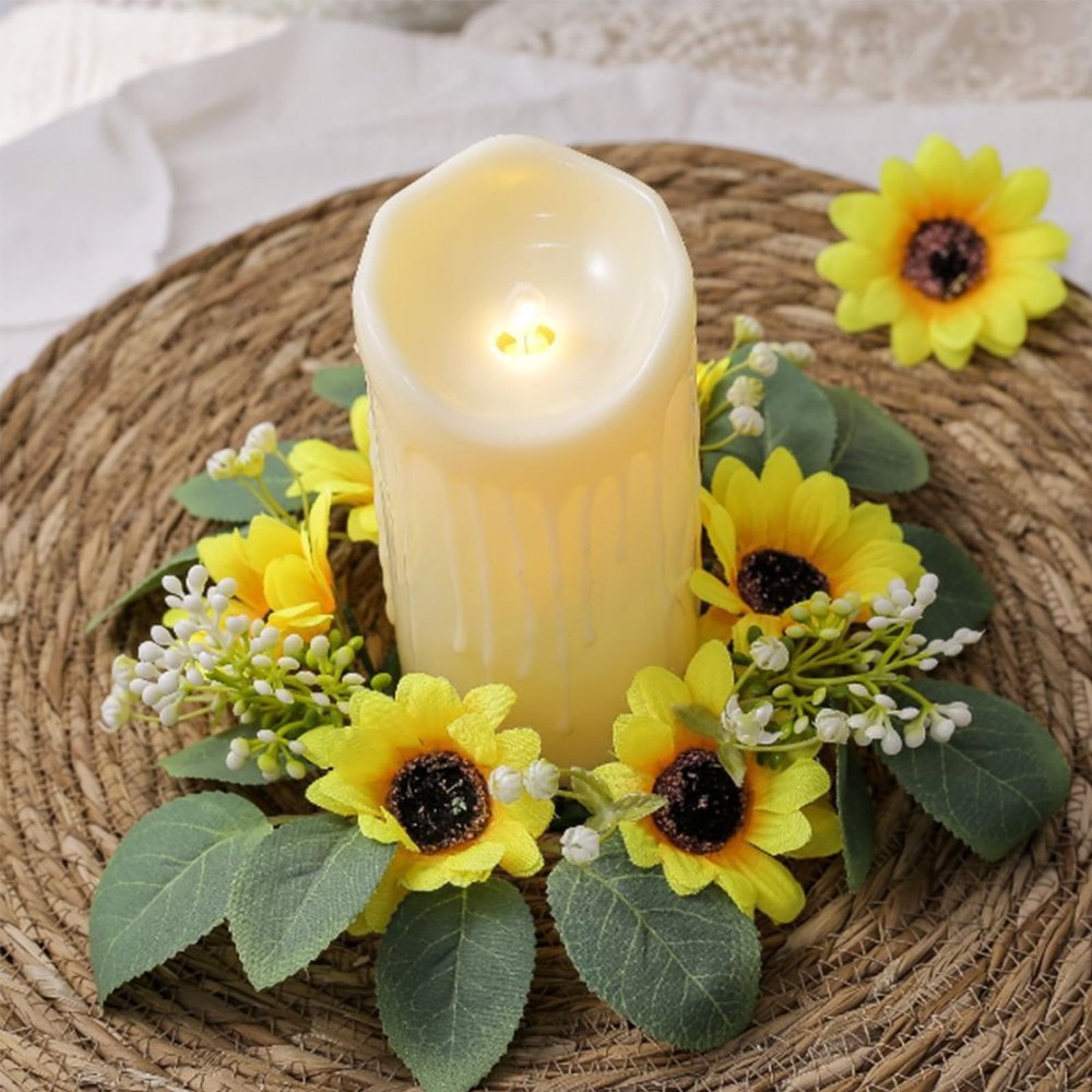 1PCS Fall Candle Rings Wreaths Decorative Rattan Garland with Maple Leaf Berries for Thanksgiving Halloween Table Decor (No)