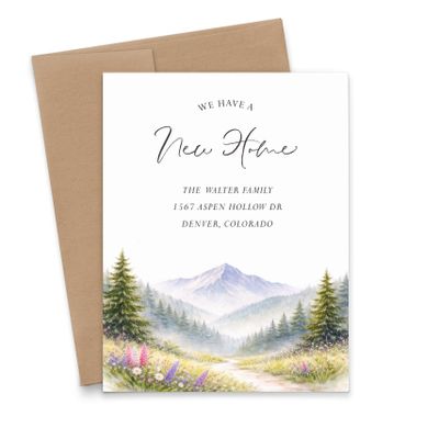 Custom Change of Address Cards With Envelopes Mountains, Personalized Moving Announcement Card With Wildflowers, Rustic New Home Announcements, Just Moved Gifts, Your Choice of Colors And Quantity