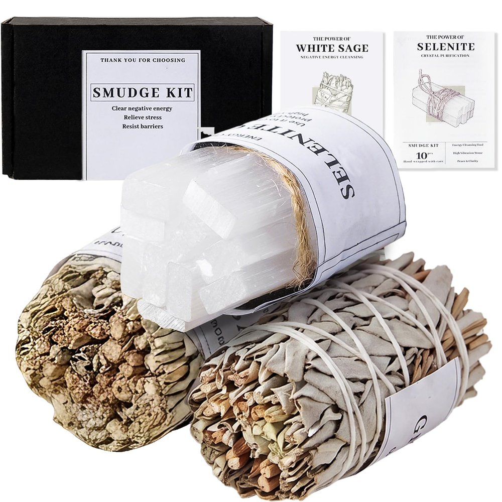 Runyangshi Natural White Sage & Selenite Cleansing Set White Sage Healing Bundles with 10PCS Selenite Wands for Spiritual Healing, Energy Cleansing, Meditation & Home Protection