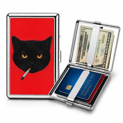 Vintage - Style Versatile Card & Cash Case Art Deco Design Metal Wallet with RFID and Holds King Size / 100s Women and Men Easy Snap Business Card Box for Credit Cards Cash (Cat)
