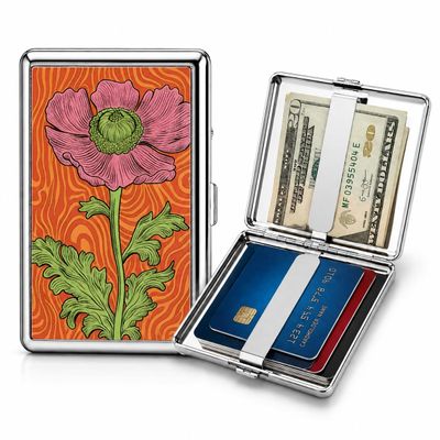 Vintage - Style Versatile Card & Cash Case Art Deco Design Metal Wallet with RFID and Holds King Size / 100s Women and Men Easy Snap Business Card Box for Credit Cards Cash (Flower)