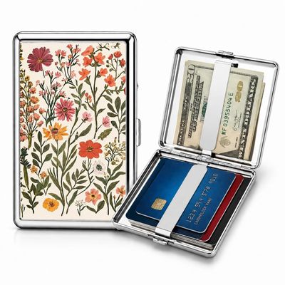 Vintage - Style Versatile Card & Cash Case Art Deco Design Metal Wallet with RFID and Holds King Size / 100s Women and Men Easy Snap Business Card Box for Credit Cards Cash (Floral)