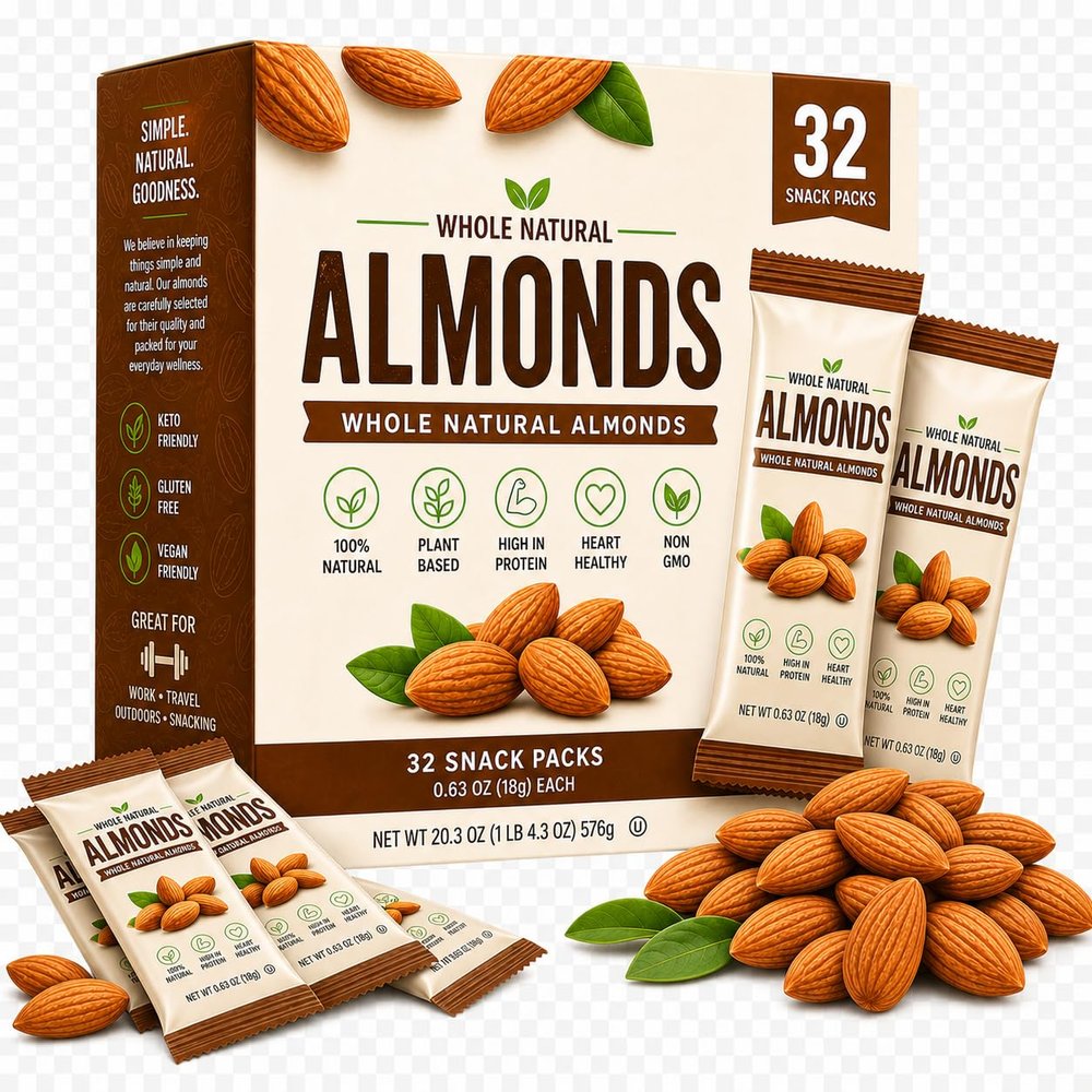 Almonds 32 Packs Whole Natural Raw Snack Nuts - 100 Calorie Travel Pouches