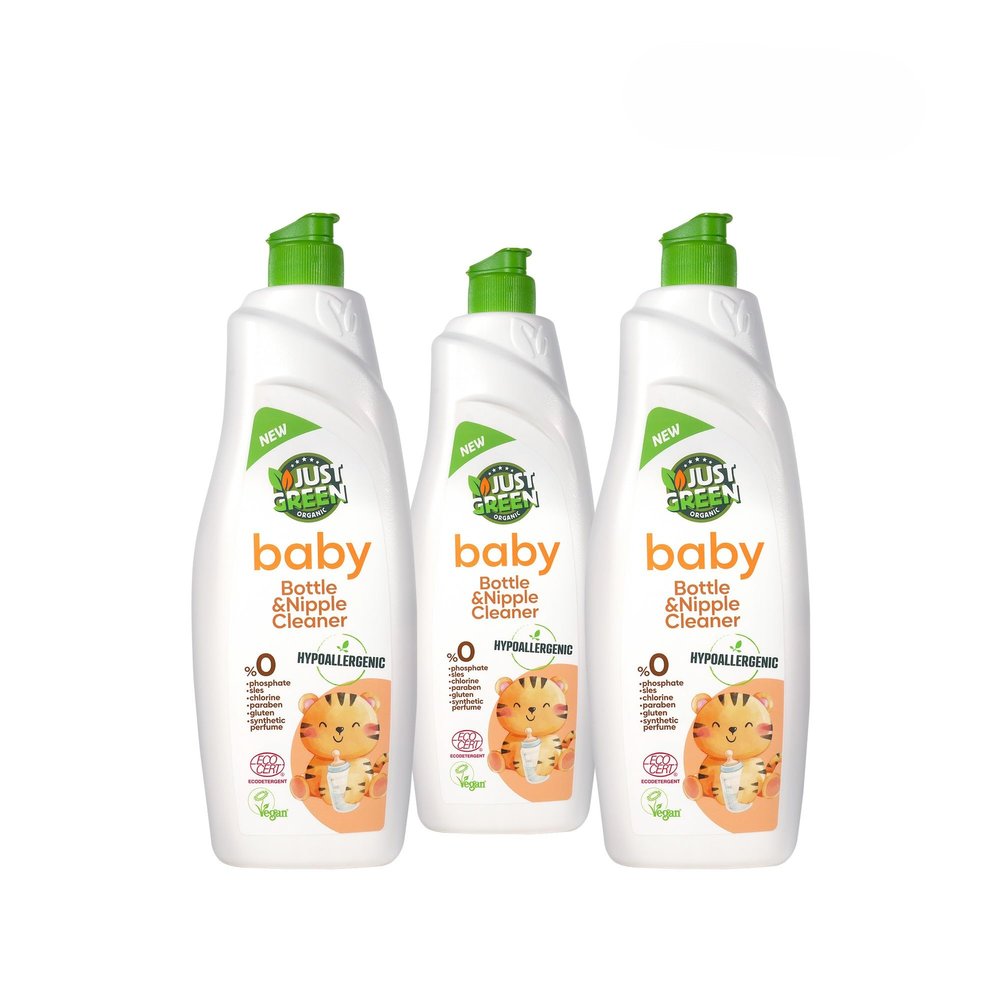 Just Green Organic Baby Bottle & Nipple Cleaner, Plant-Based Baby Bottle Soap, Non-Toxic, Hypoallergenic, EcoCert Certified, Vegan, Baby Dish Soap for Bottles & Nipples, 25.3 fl oz (750 ml) - 3 Pack