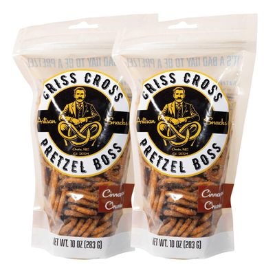 Criss-Cross Pretzel Boss Cinnamon Churro Pretzels, Bite-Sized Crunchy Sweet Snack, Cinnamon Sugar Flavor, Dessert Pretzel Bites, 10 oz (2-Pack) Resealable Bag, Party Treat, On-the-Go