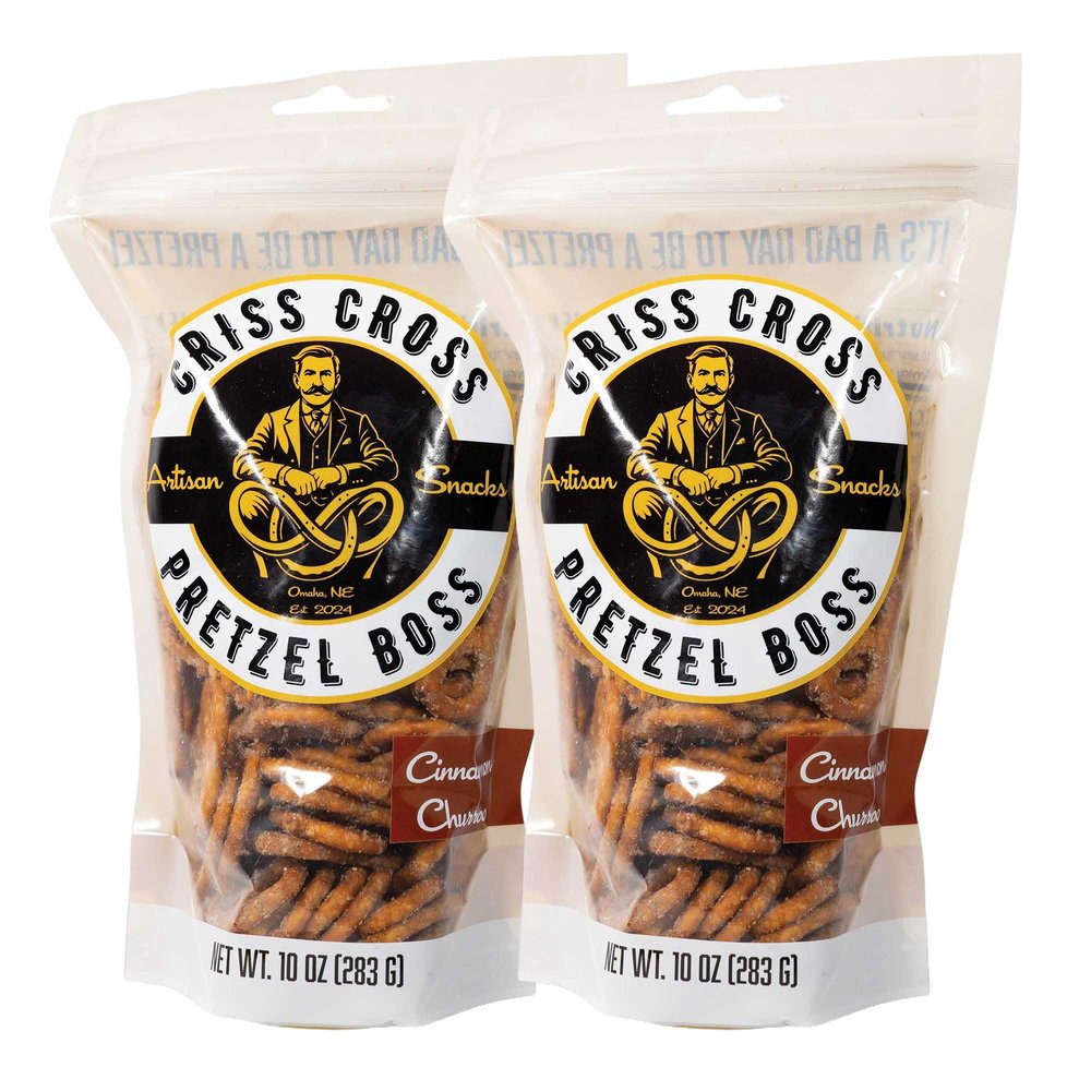 Criss-Cross Pretzel Boss Cinnamon Churro Pretzels, Bite-Sized Crunchy Sweet Snack, Cinnamon Sugar Flavor, Dessert Pretzel Bites, 10 oz (2-Pack) Resealable Bag, Party Treat, On-the-Go