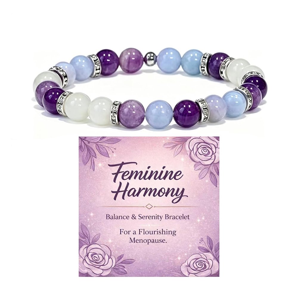 FUQBXCX Menopause Bracelet for Women, Natural Crystal Elastic Bracelets Hot Flashes & Anxiety Relief Calming Balance Menopause's Support Jewelry Gift With Card (Purple Card)