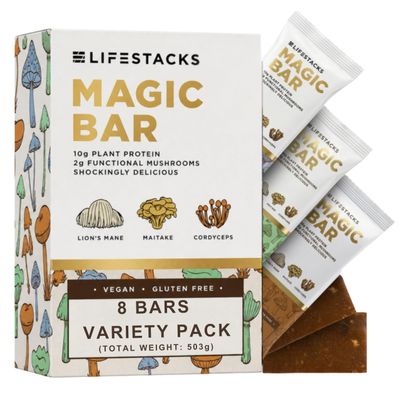 Magic Bar Functional Mushroom Energy Bars 10g Plant-Based Protein - Vegan Protein Bars with Lions Mane, Cordyceps & Maitake | Adaptogen Superfood Blend | Made in USA | 8-Pack Variety Box