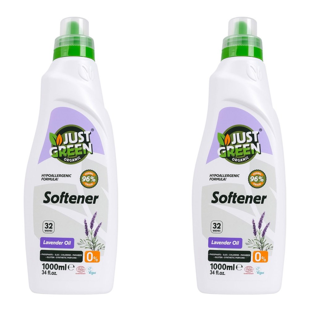 JUST GREEN ORGANIC Fabric Softener, Plant-Based Liquid Fabric Softener, Non-Toxic, Hypoallergenic, EcoCert Certified, Vegan, Natural Lavender Scent, 32 Washes, 33.8 fl oz (1000 ml) - 2 Pack