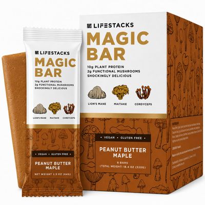 Magic Bar Functional Mushroom Energy Bars 10g Plant-Based Protein with Lions Mane, Cordyceps & Maitake | Adaptogen Superfood Blend | Made in USA | 8-Pack Peanut Butter Maple Box