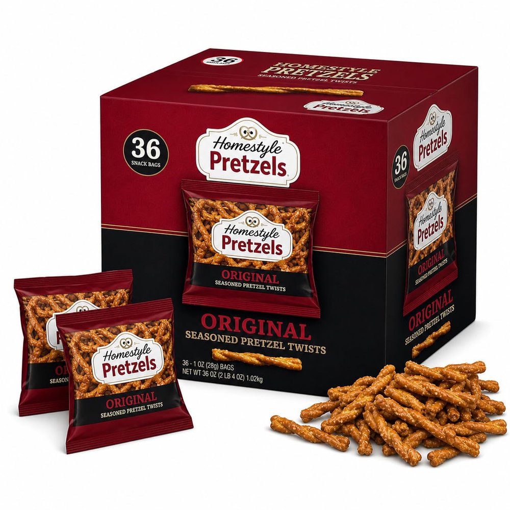 Homestyle Pretzels Original Seasoned Twist Individual Snack Bags - Crunchy Pretzel Stick Treats 36 Packs
