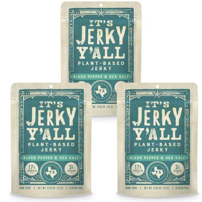 It's Jerky Y'all - Plant Protein Jerky - The Smarter Jerky | 16-19g Protein + 8-10g Fiber Per Bag | Non-GMO, No Cholesterol, Born in Texas (2.69 Ounce (Pack of 3), Black Pepper & Sea Salt)