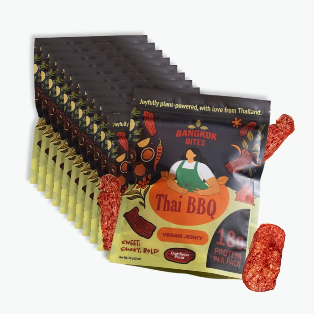 Bangkok Bites Vegan Jerky Thai BBQ, Real Ingredients, High-Protein, Low Fat, Plant-Based Snacks, Non-GMO Soy, Chewy Texture, Natural, No Artificial Flavors, 2 oz (12-Pack, Thai BBQ)