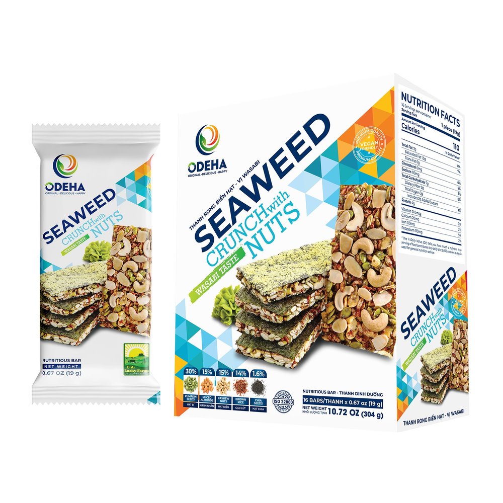 Seaweed Crunch with Nuts Wasabi Taste ODEHA Vegan Snack Bars with Cashews, Almonds & Pumpkin Seeds Premium Asian Chips Seaweed Sheets, Office Snacks
