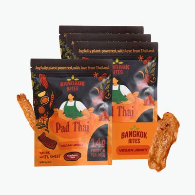 Bangkok Bites Vegan Jerky Pad Thai, Real Ingredients, High-Protein, Low Fat, Plant-Based Snacks, Non-GMO Soy, Chewy Texture, Natural, No Artificial Flavors, 2 oz (3-Pack, Pad Thai)