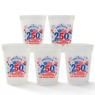 Personalized Plastic Cups - Custom 250 Anniversary Plastic Cups for Party, America Customized Frosted Cups with Name, 10/20/50/75/100 Pack Disposable Stadium Cups, 16 oz and 12 oz