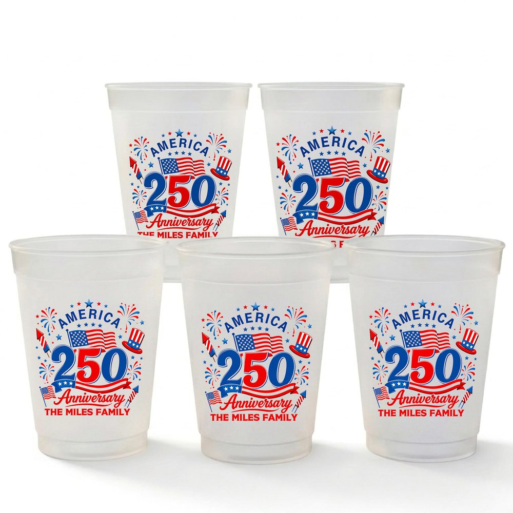 Personalized Plastic Cups - Custom 250 Anniversary Plastic Cups for Party, America Customized Frosted Cups with Name, 10/20/50/75/100 Pack Disposable Stadium Cups, 16 oz and 12 oz