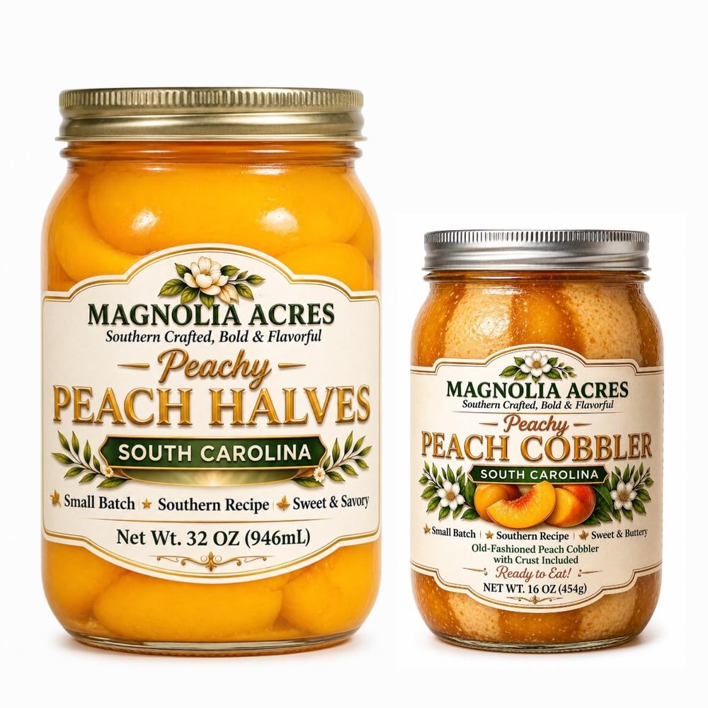 Peach Bundle Peach Halves 32oz + Old-Fashioned Peach Cobbler 16oz Magnolia Acres Southern Crafted Fruit Dessert Set, Sweet & Buttery