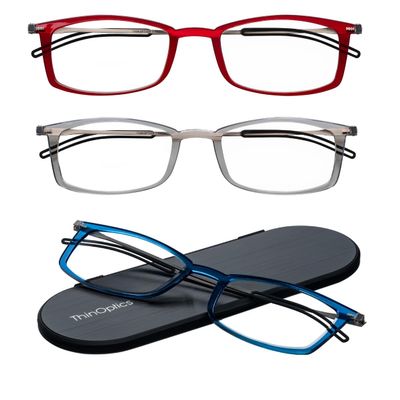Always With You by ThinOptics 3 Rectangular Pack Reading Glasses + 1 Slim Case Readers Attach to Your Phone, Tablet, or Fit in Your Pocket - Red, Clear & Blue, 1.5x