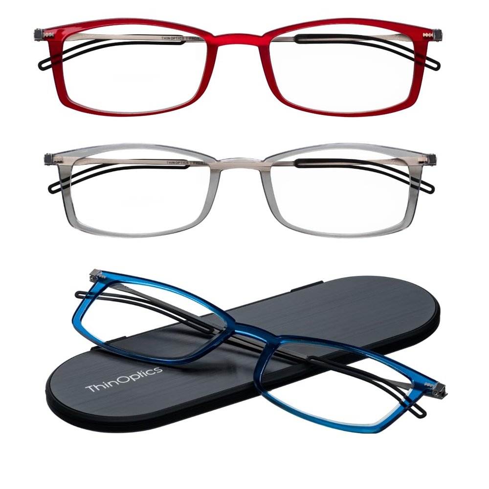 Always With You by ThinOptics 3 Rectangular Pack Reading Glasses + 1 Slim Case Readers Attach to Your Phone, Tablet, or Fit in Your Pocket - Red, Clear & Blue, 1.5x