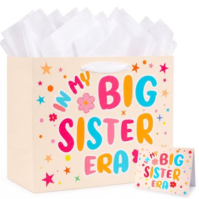 ZeffuLyne Big Sister Gift Bag, In My Big Sister Era Gift Bag with 3 Tissue Papers and 1 Greeting Card, 11 Inch Big Sister Gifts Bag for Girls, Big Sister Announcement Gift Bags for Girls