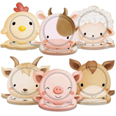 PIXHOTUL Farm Animal Paper Plates 60 Pack - Farm Birthday Decorations Watercolor Animal Shape Plates for Kids Farmhouse Birthday, Animal-theme Party, Baby Shower