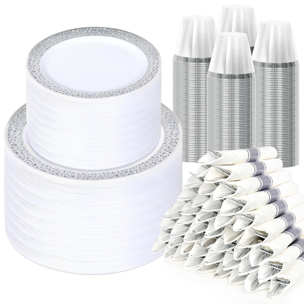 Sylans 700PCS Silver Lace Dinnerware Set Disposable for 100 Guests