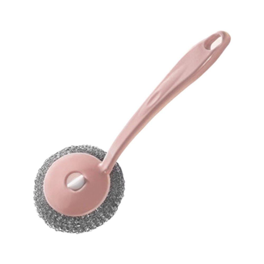 Nexuscribe Stainless Steel Scouring Sponge Brush, Ergonomic Plastic Handle with Hanging Hole, Non Scratch Wool Scrubber for Pot Pan Tile Grill and Daily Kitchenware Maintenance(Light Pink, 26 * 6)