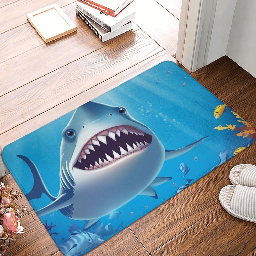 NBSKSDLK Smiling Shark Door Mat Heavy Duty Indoor Outdoor Doormat Non-Slip Absorbent Dirt Trapper Entry Rug Low-Profile Washable Floor Mats Flannel Bath Mat 16 x 24 Inch