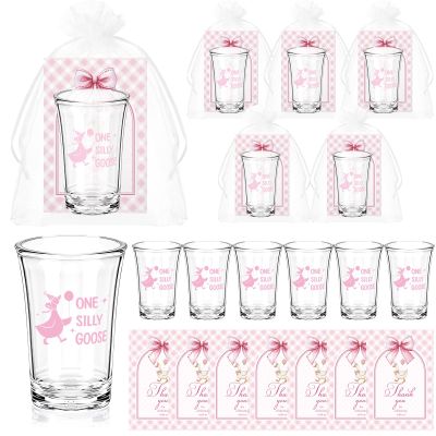 Vesici 50 Sets Silly Goose Party Favors for Guests Include Baby Shower Shot Glass and Card Organza Bag for Birthday Baby Shower Goose Party Supplies (Pink)