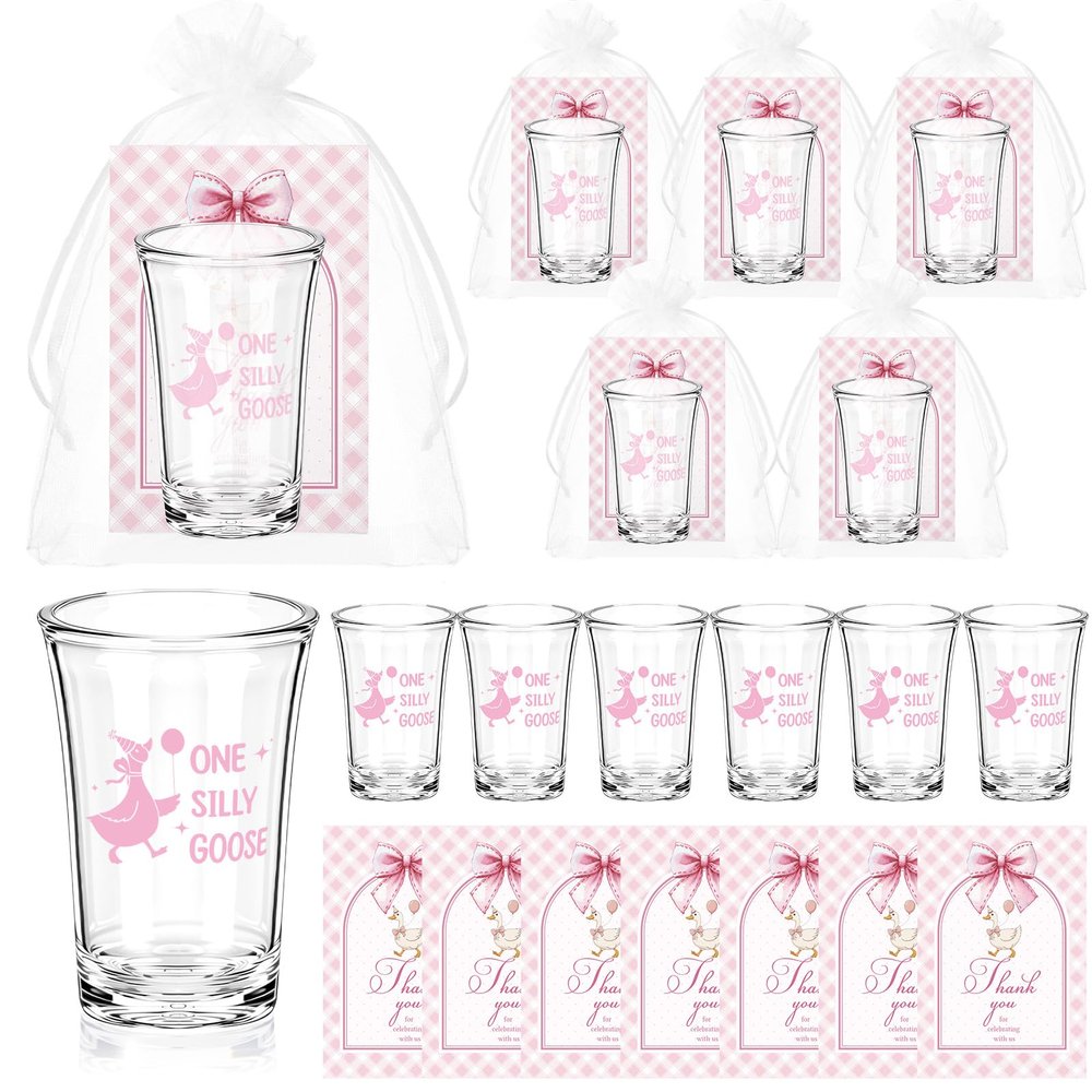 Vesici 50 Sets Silly Goose Party Favors for Guests Include Baby Shower Shot Glass and Card Organza Bag for Birthday Baby Shower Goose Party Supplies (Pink)