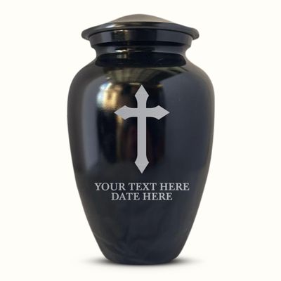 Personalized Extra Large Human Cremation Urn For Adult Ashes Men & Woman Up to 350 Lbs - Engraved Aluminum Urn with Name & Memorial Cross 8 Design - Polished Finish urn for Human Remains | Black