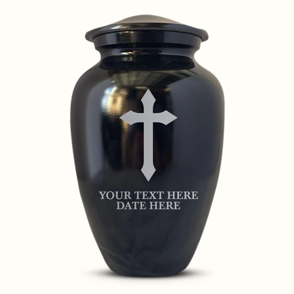 Personalized Extra Large Human Cremation Urn For Adult Ashes Men & Woman Up to 350 Lbs - Engraved Aluminum Urn with Name & Memorial Cross 8 Design - Polished Finish urn for Human Remains | Black
