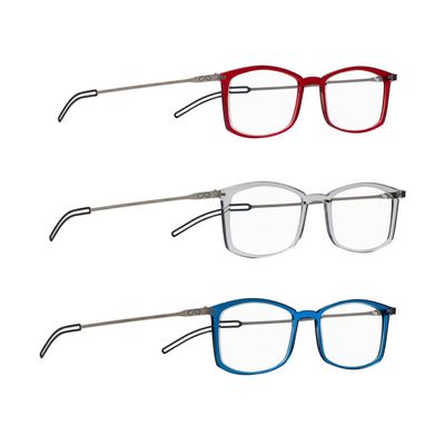 Always With You by ThinOptics 3 Pack of Slim Rectangular Reading Glasses - Ultra Thin, Durable, Lightweight - Optical Grade Lenses - Red, Clear & Blue, 1.5x